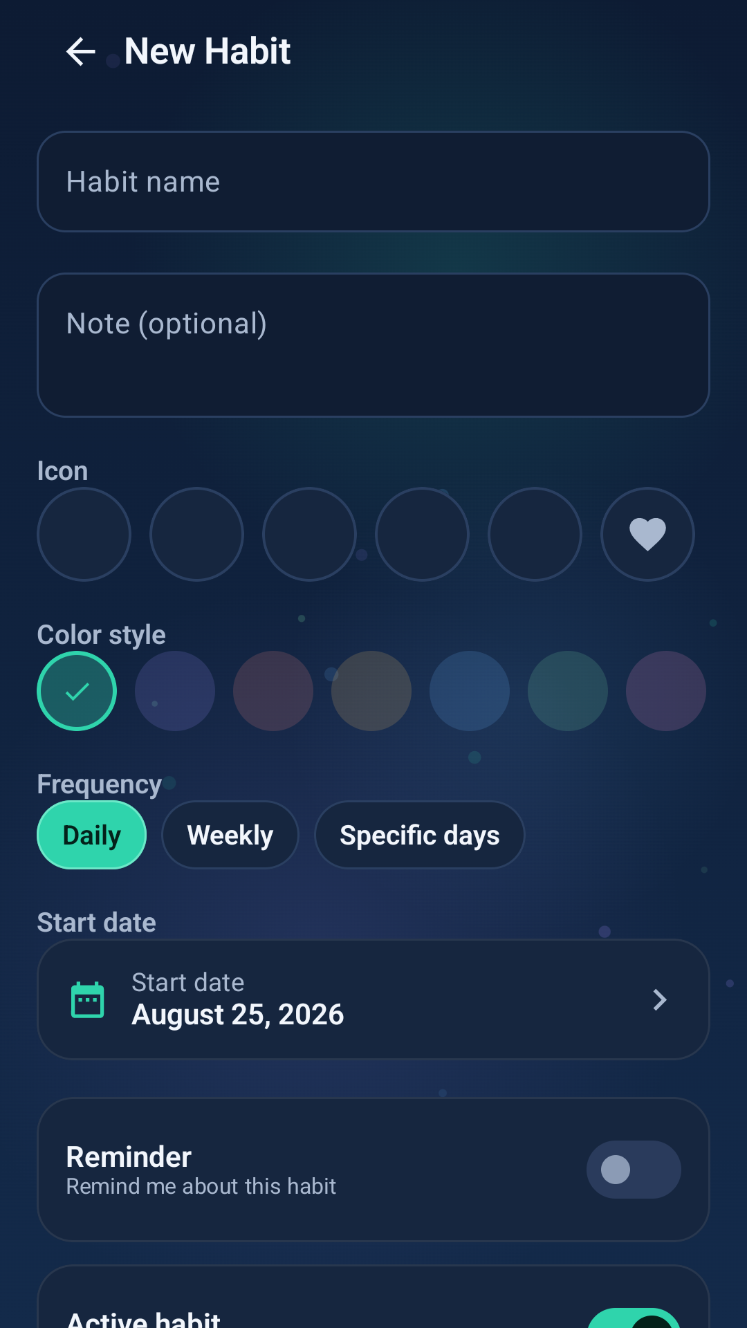 PureLife Dashboard habit creation screen