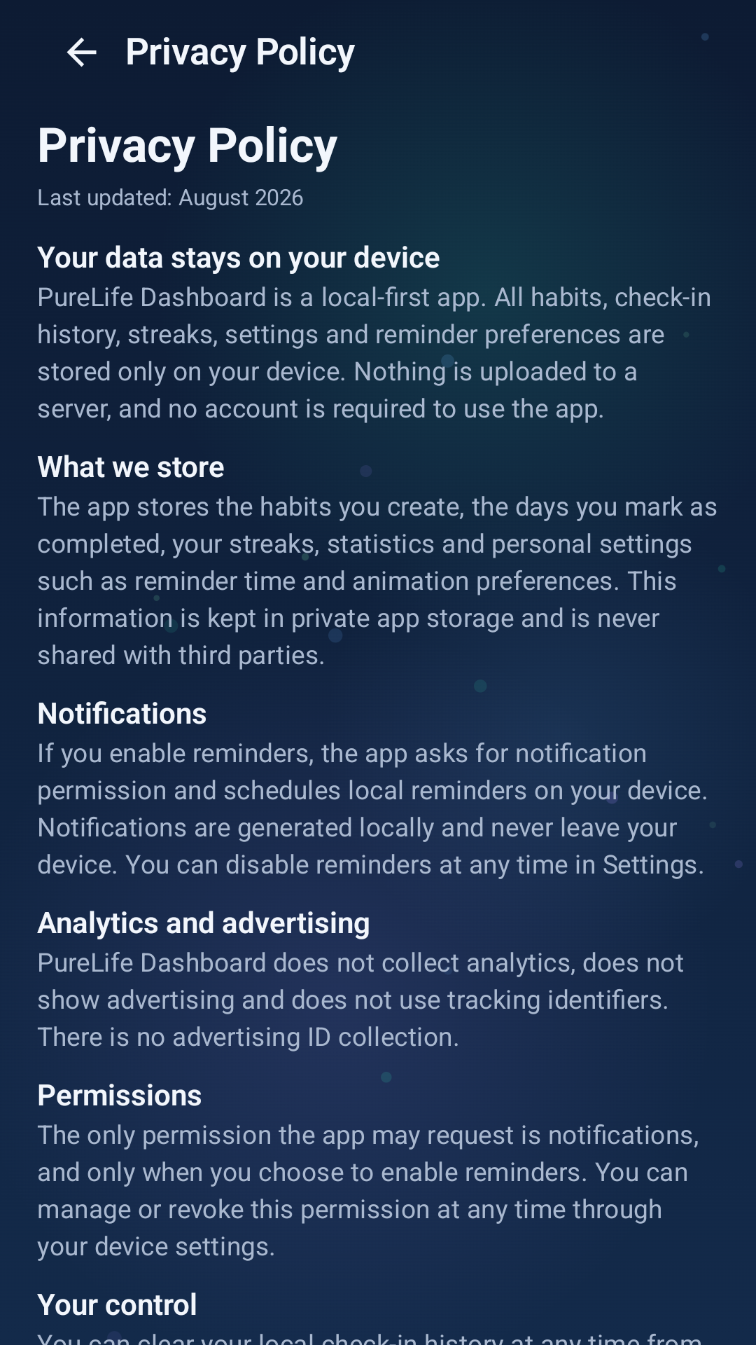 PureLife Dashboard privacy screen